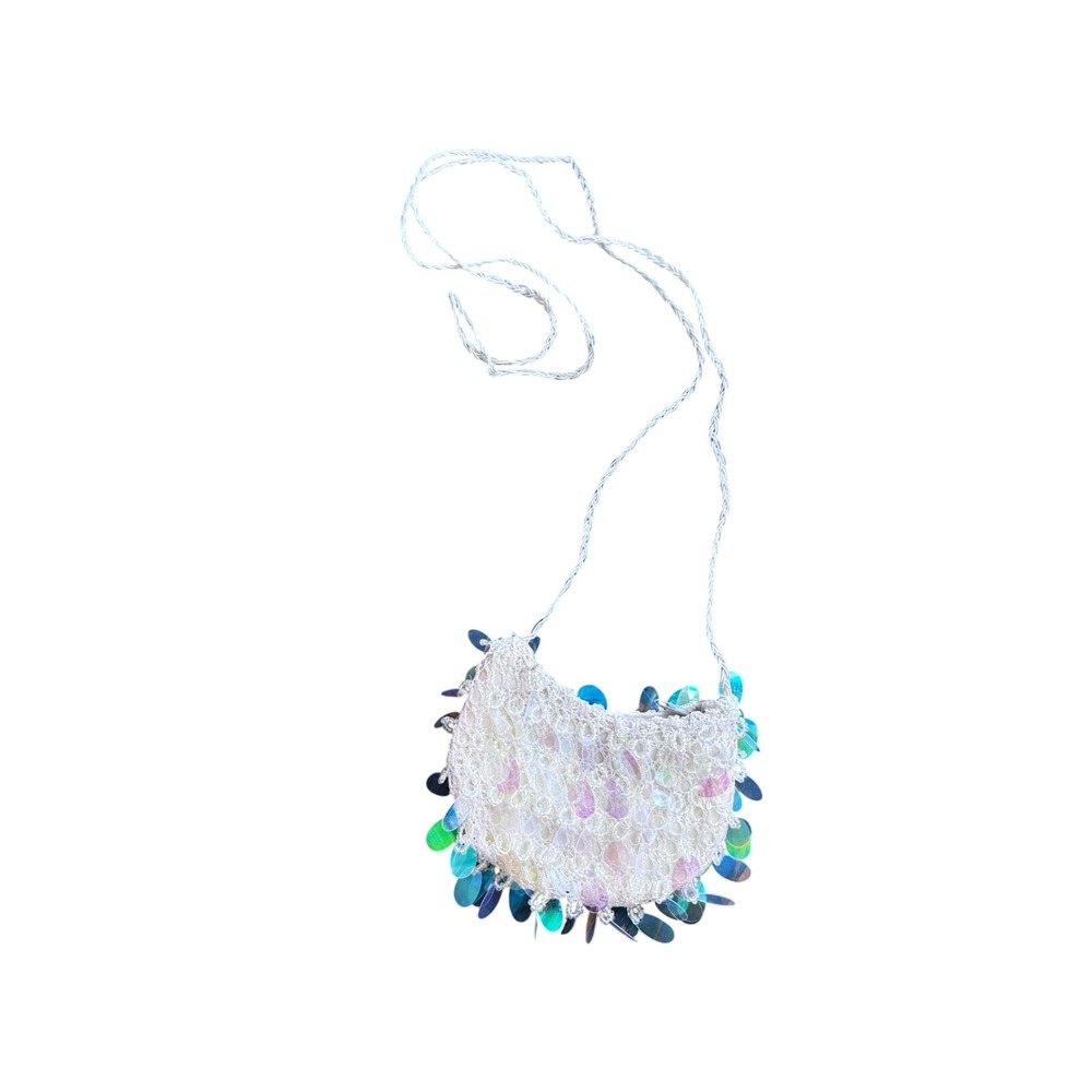 White Crochet Iridescent Sequin Mini Crossbody Bag Crescent Moon Paillette Purse